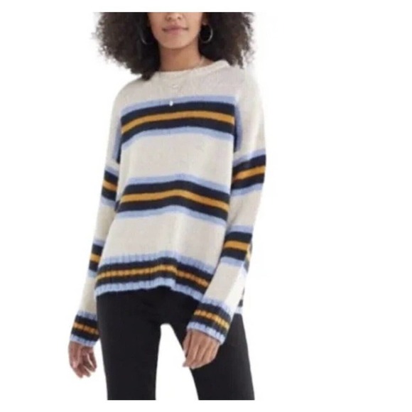 Urban Outfitters Bobby Boyfriend Stripe Sweater Blue Yellow Cream Sz Small Cozy - Picture 1 of 10